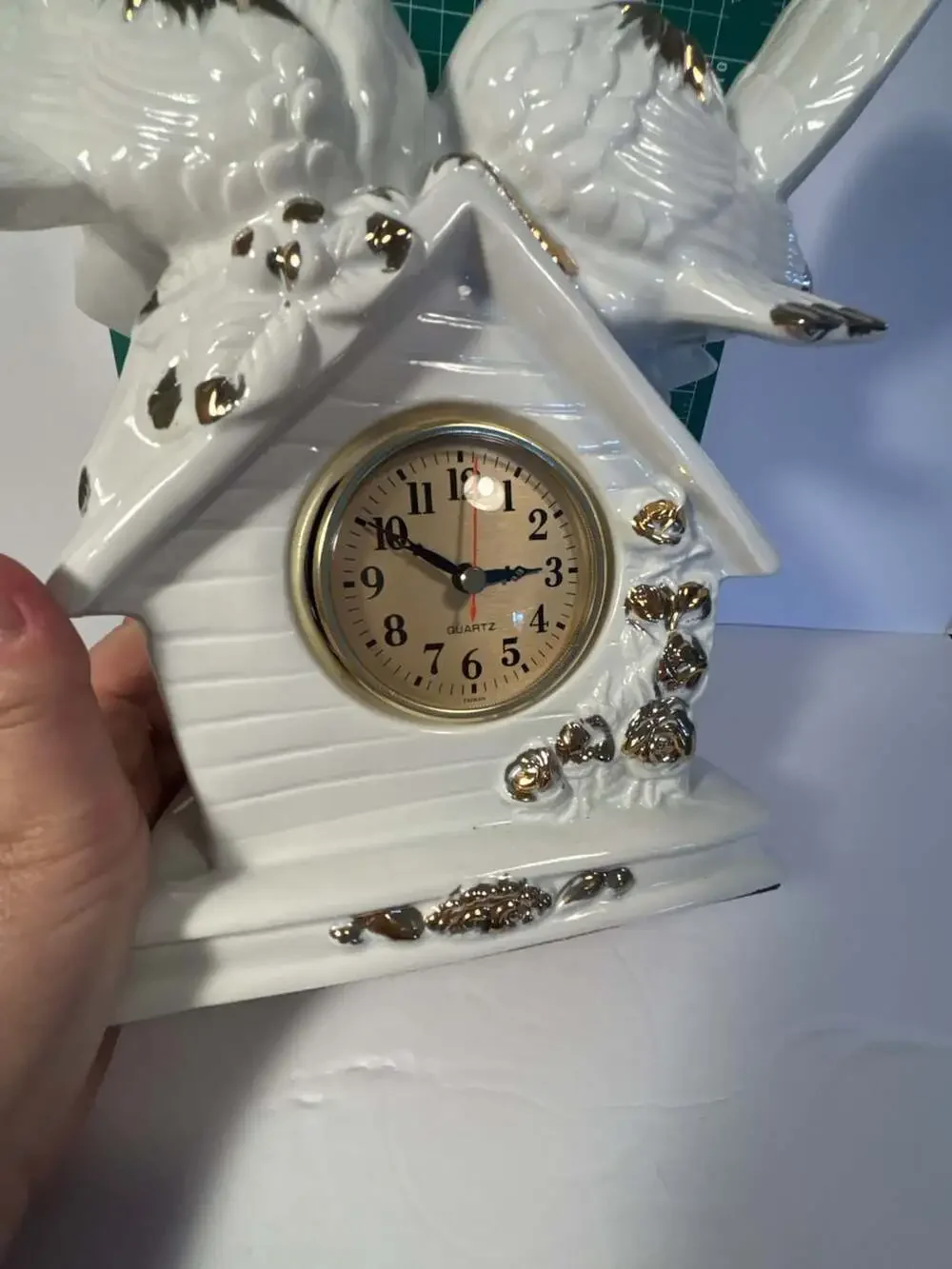 Vintage Eleco White Ceramic Mantel Clock with Love Birds Doves and Gold Trim